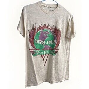 Van Halen T Shirt Small Cream 1979 World Tour Rock Graphic Distressed Retro VTG